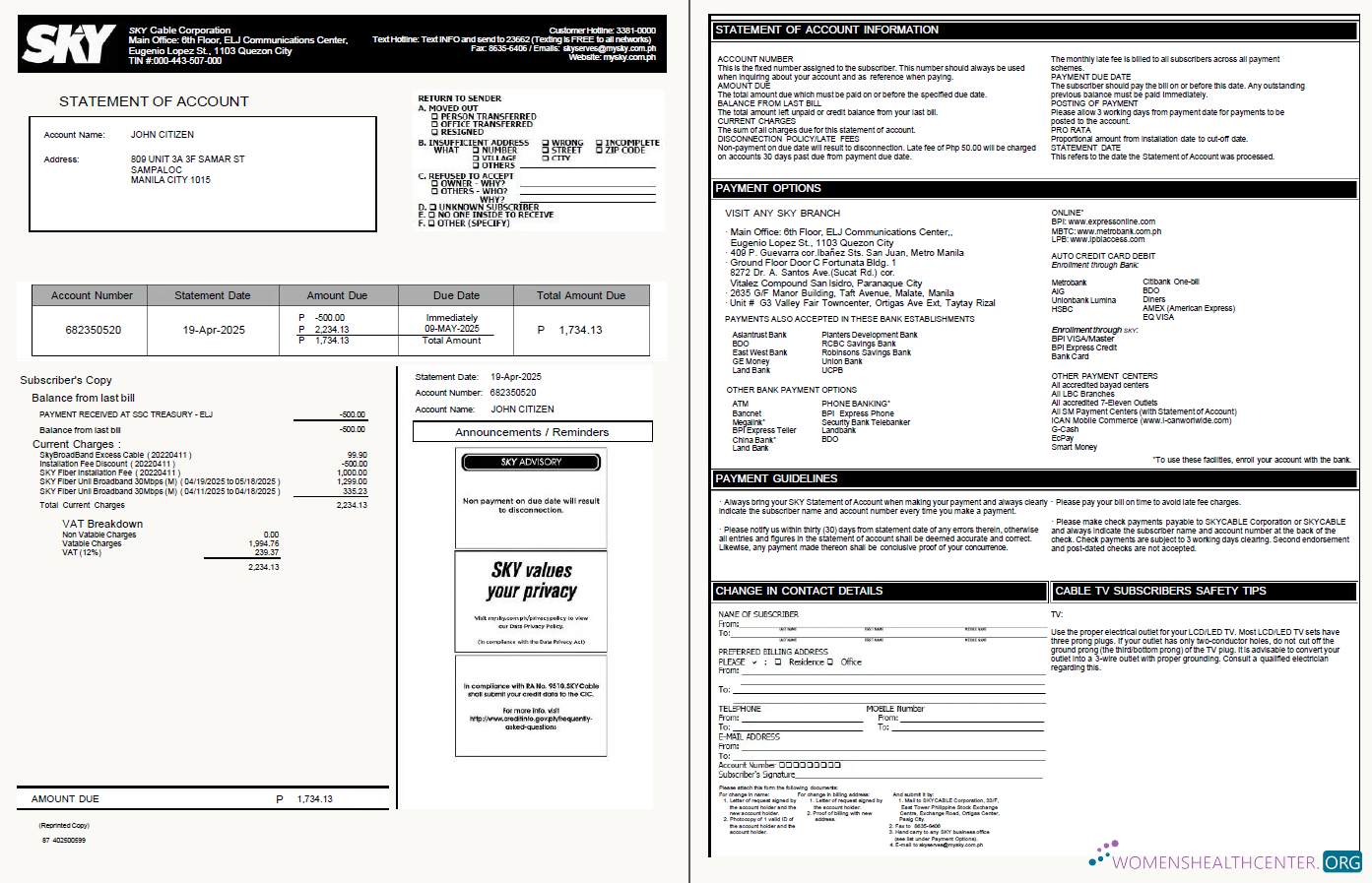 Philippines Sky Cable Corporation utility bill template in Word and PDF formats, 2 pages, version 2